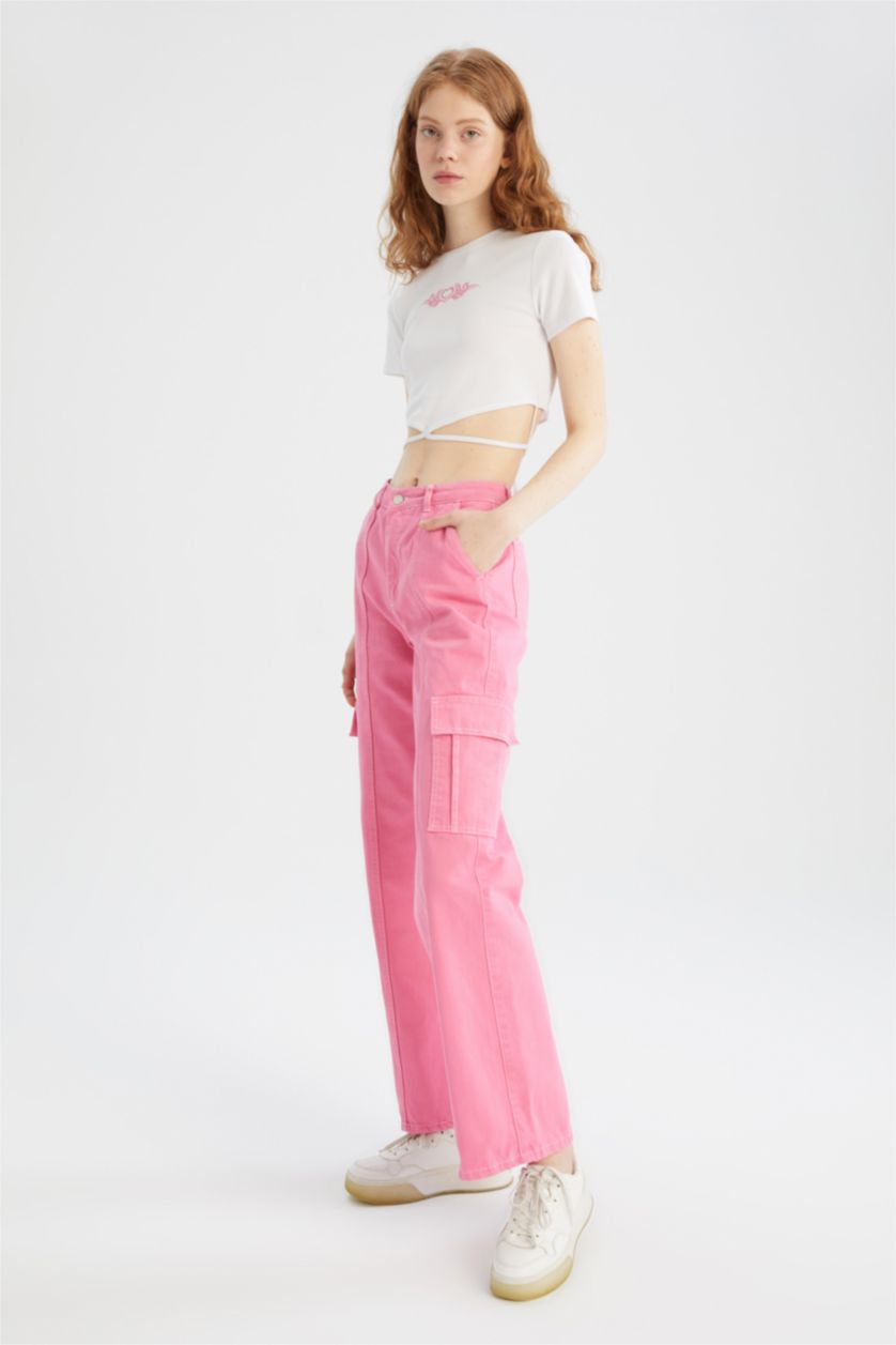 Kadın Pembe Düşük Bel Wıde Leg Pantolon