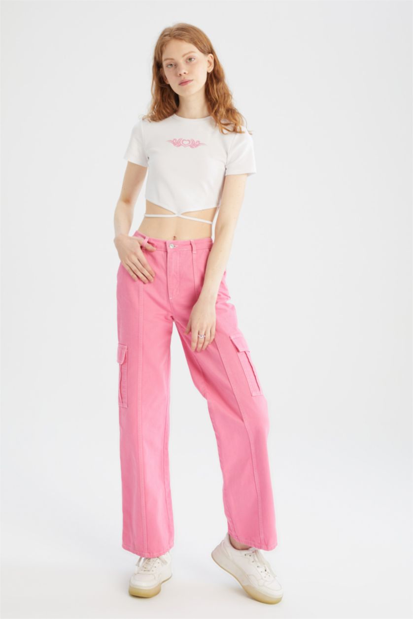 Kadın Pembe Düşük Bel Wıde Leg Pantolon