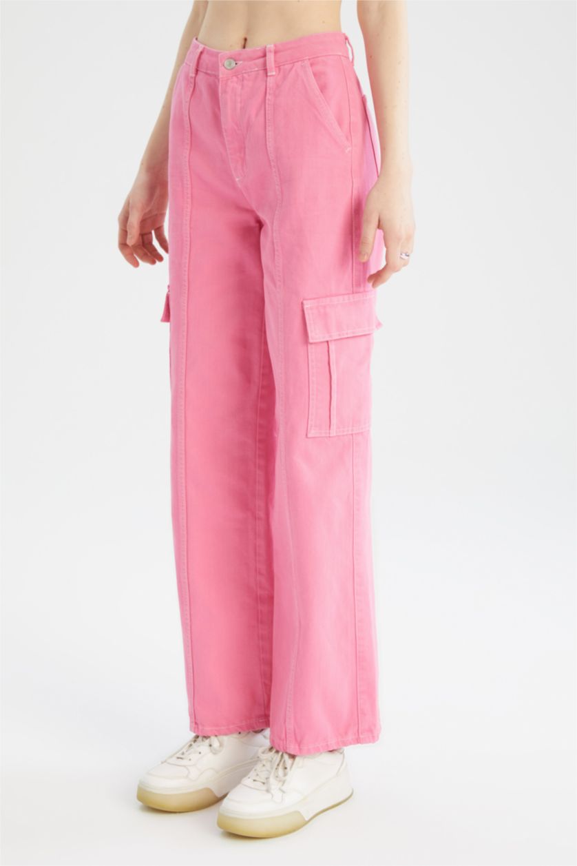 Kadın Pembe Düşük Bel Wıde Leg Pantolon