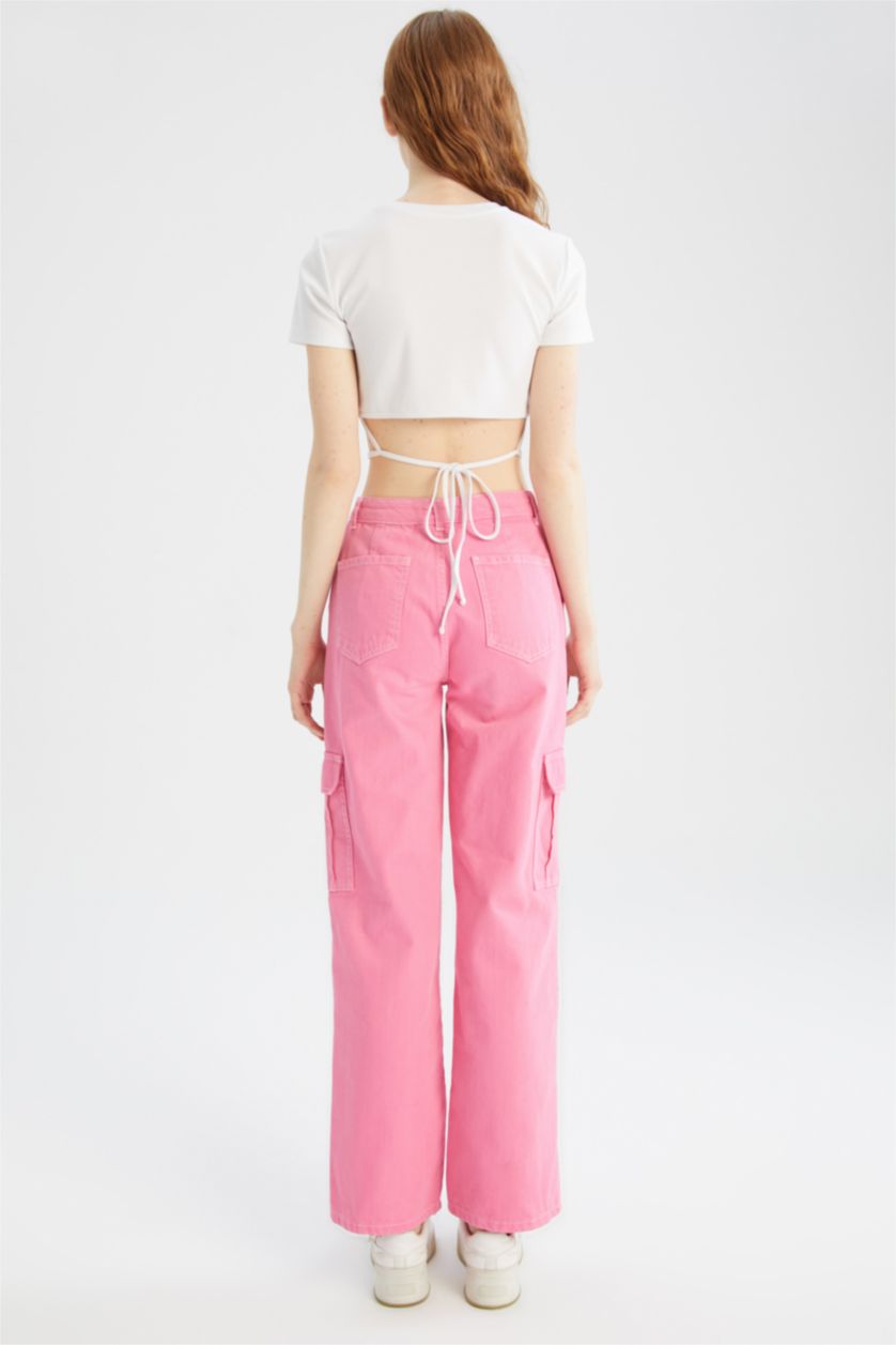 Kadın Pembe Düşük Bel Wıde Leg Pantolon