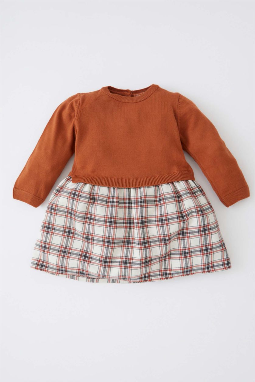 BABY GIRL Dark Orange Regular Fit Plaid Long Sleeve Dress