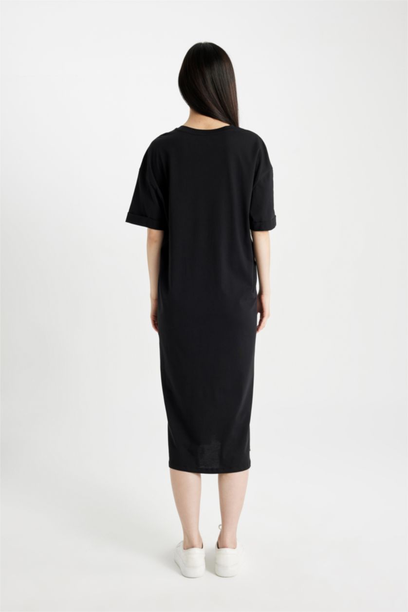 نساء أسود فستان حمل ميدي نص ردن قصة عادية