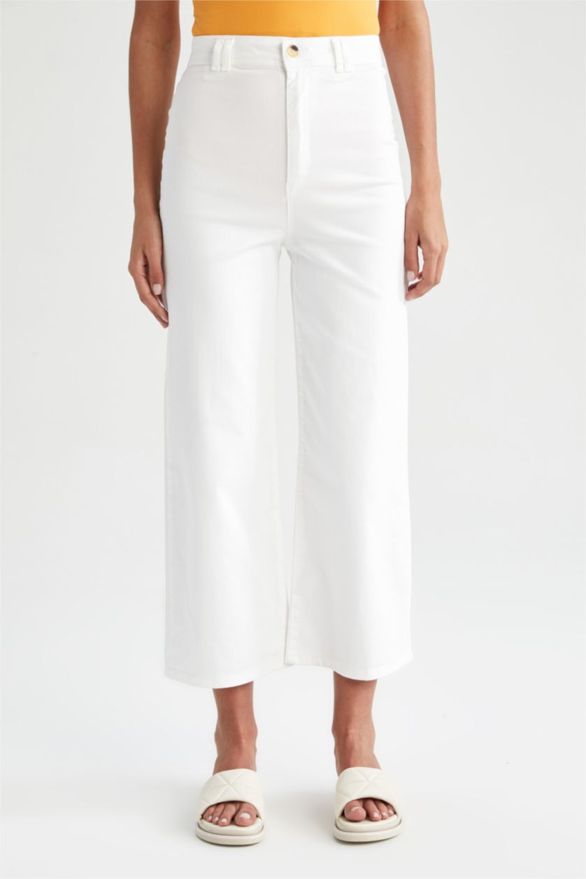 Kadın Beyaz Yüksek Bel Kısa Geniş Paça Pantolon