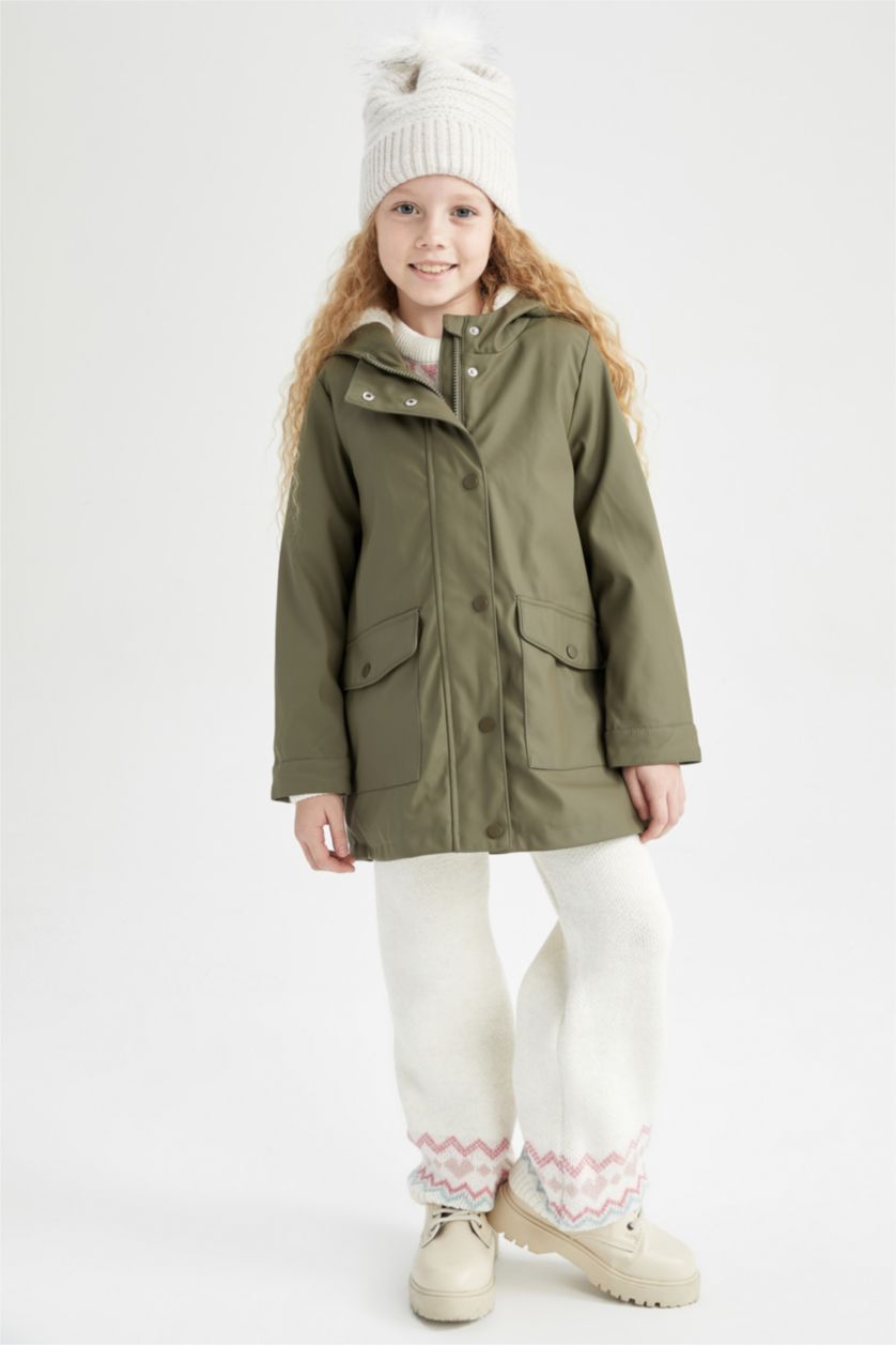 بنات كاكي فاتح معطف مطري بغطاء للرأس