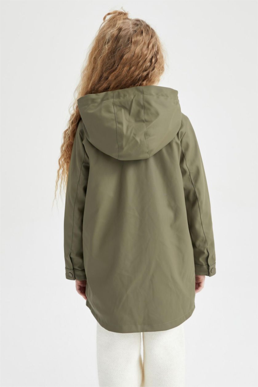 بنات كاكي فاتح معطف مطري بغطاء للرأس