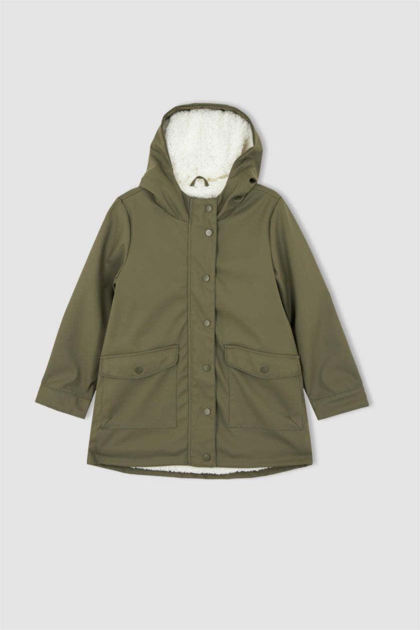 بنات كاكي فاتح معطف مطري بغطاء للرأس