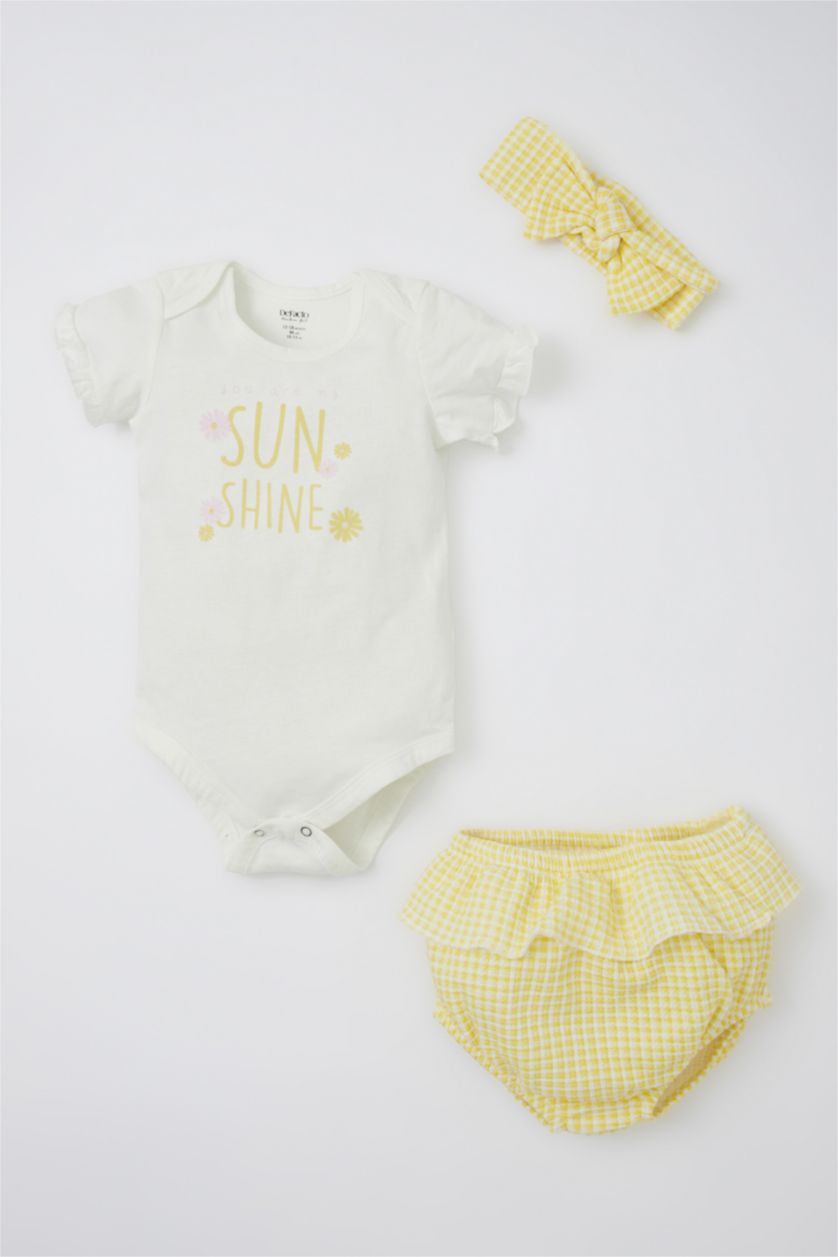 BABY GIRL Ecru Baby Girl New Born Cotton Short Sleeve Snap Fastened Body Hair Band Panties 3 Piece Set