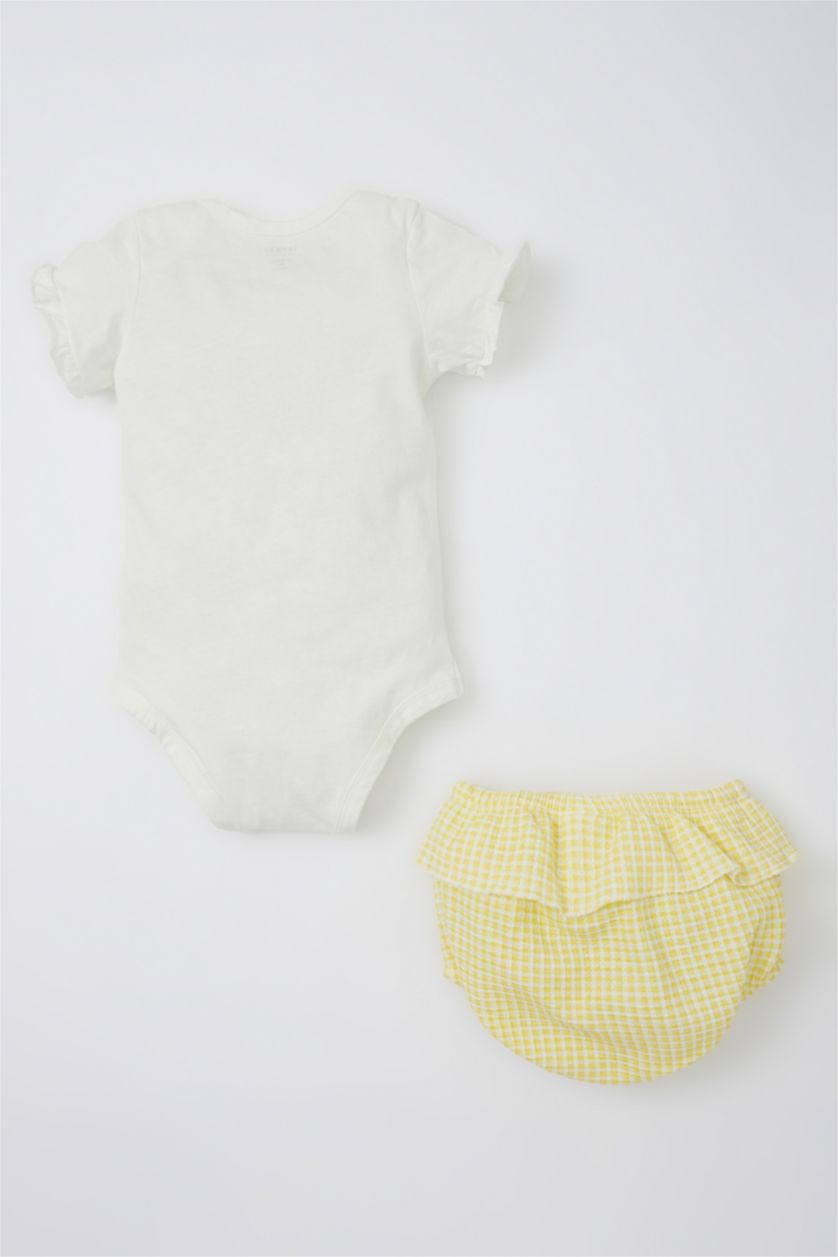 BABY GIRL Ecru Baby Girl New Born Cotton Short Sleeve Snap Fastened Body Hair Band Panties 3 Piece Set