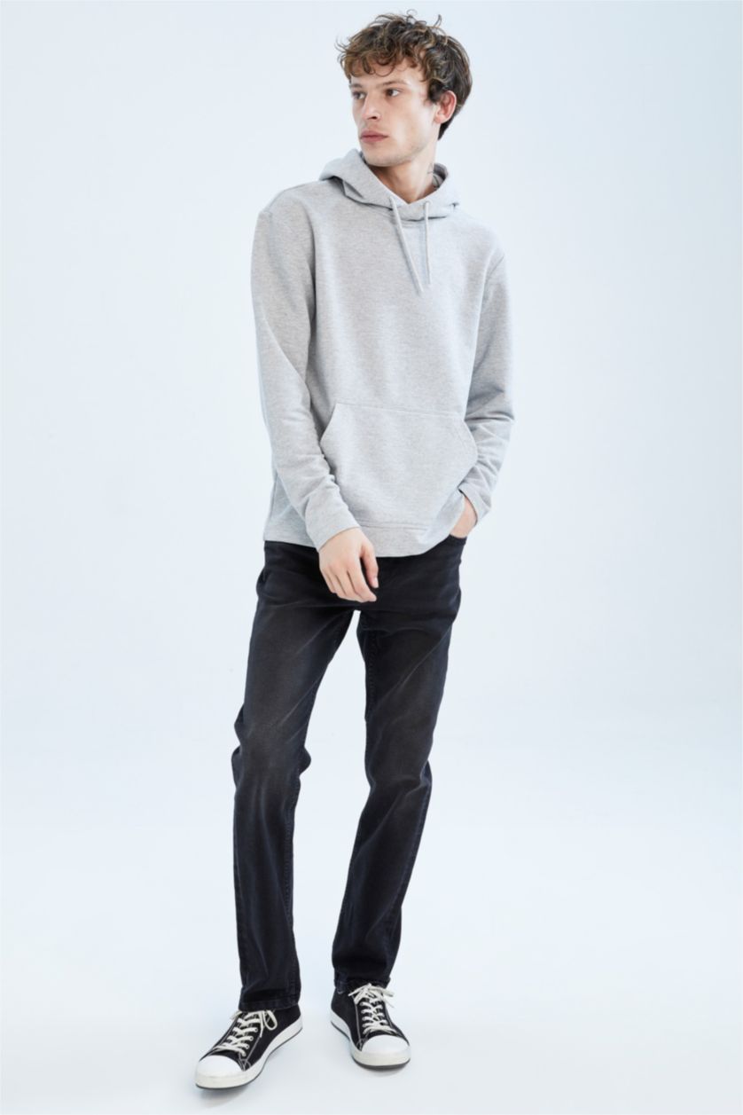 Мужчины Серый меланж Свитшот стандартного кроя с капюшоном с карманом кенгуру