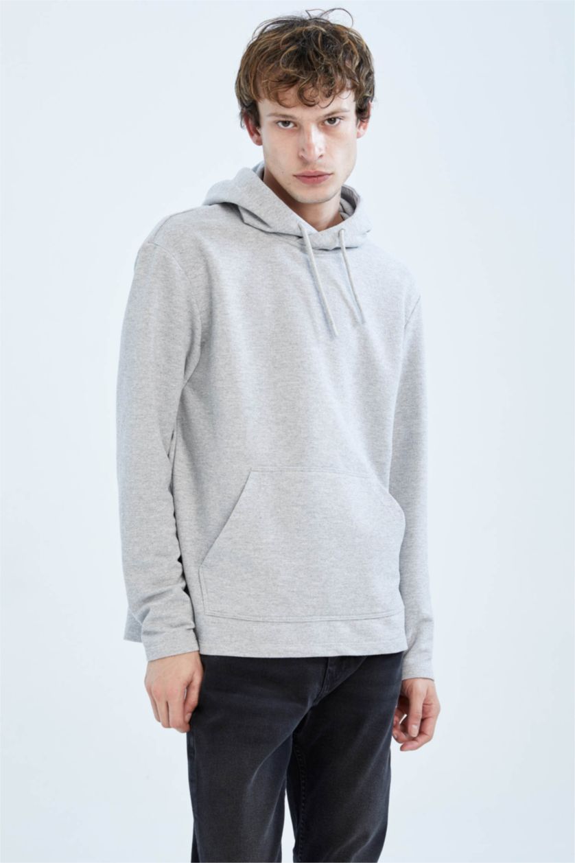 Мужчины Серый меланж Свитшот стандартного кроя с капюшоном с карманом кенгуру