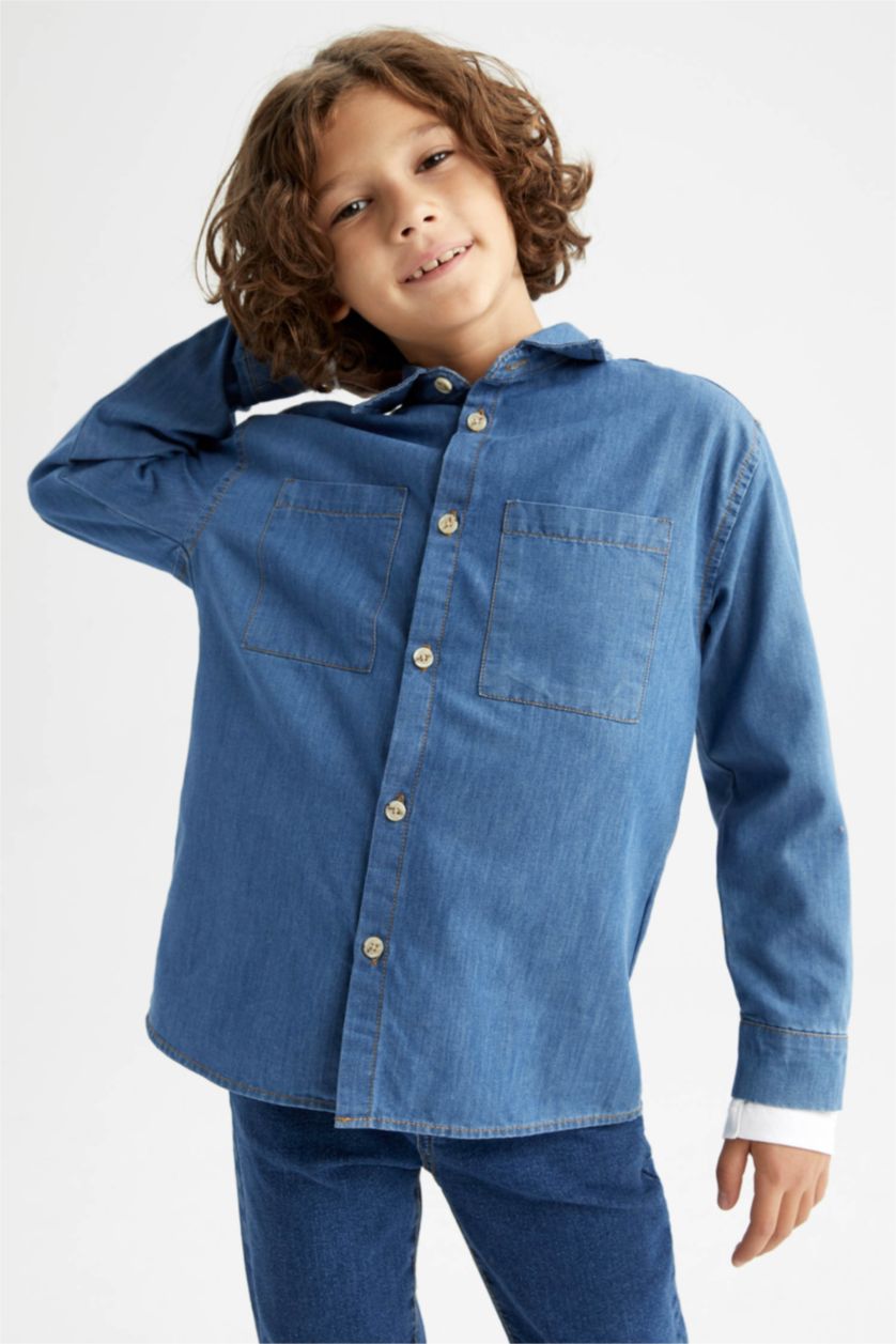 أولادي أزرق فاتح قميص جينز اولادي قصة عادية برقبة بولو كم طويل