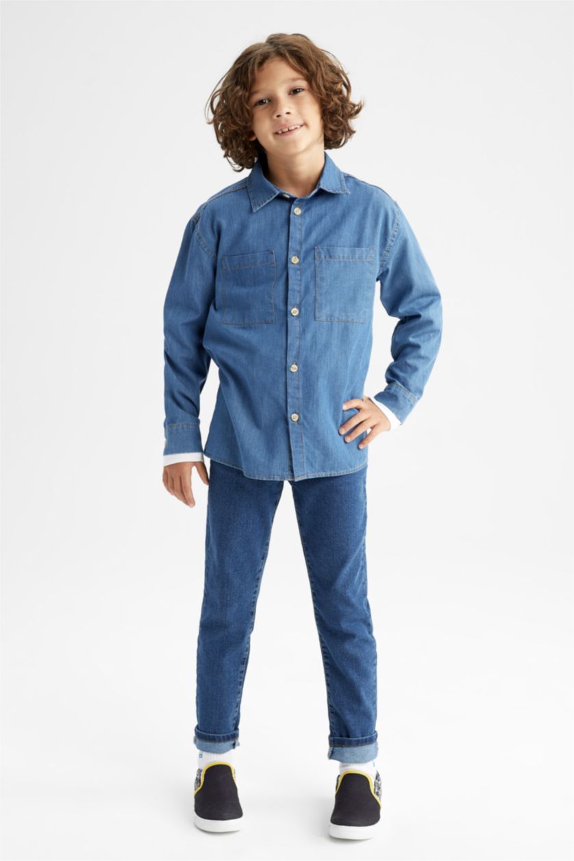 أولادي أزرق فاتح قميص جينز اولادي قصة عادية برقبة بولو كم طويل