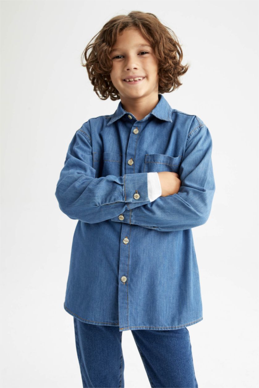 أولادي أزرق فاتح قميص جينز اولادي قصة عادية برقبة بولو كم طويل