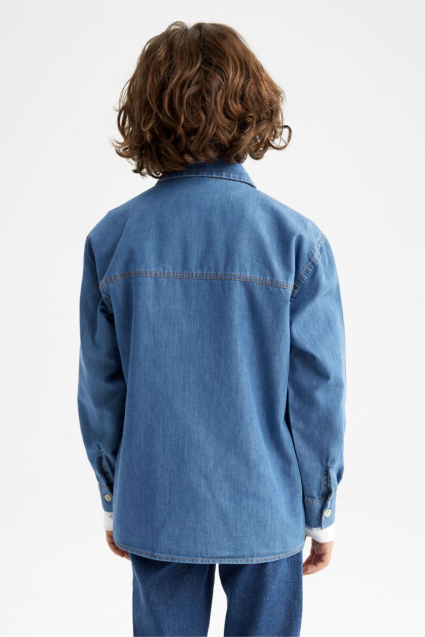 أولادي أزرق فاتح قميص جينز اولادي قصة عادية برقبة بولو كم طويل