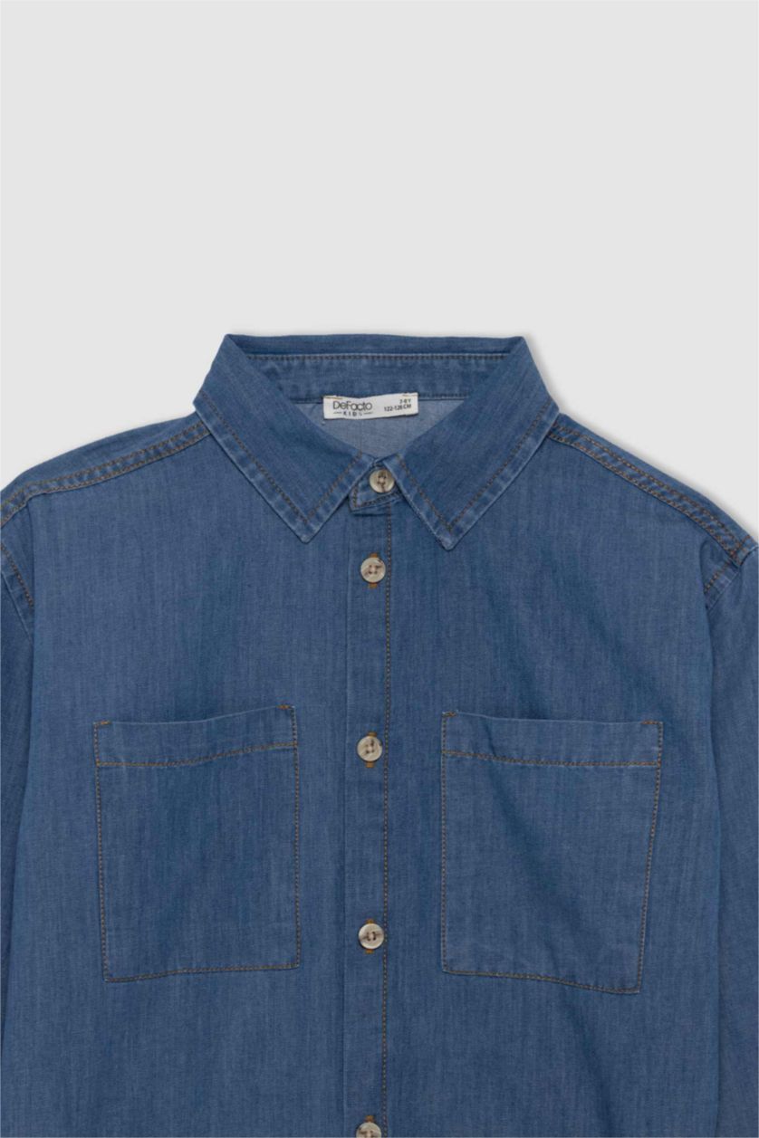 أولادي أزرق فاتح قميص جينز اولادي قصة عادية برقبة بولو كم طويل