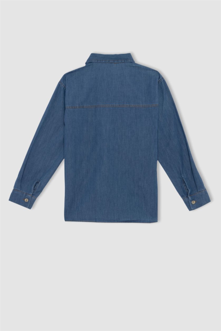 أولادي أزرق فاتح قميص جينز اولادي قصة عادية برقبة بولو كم طويل