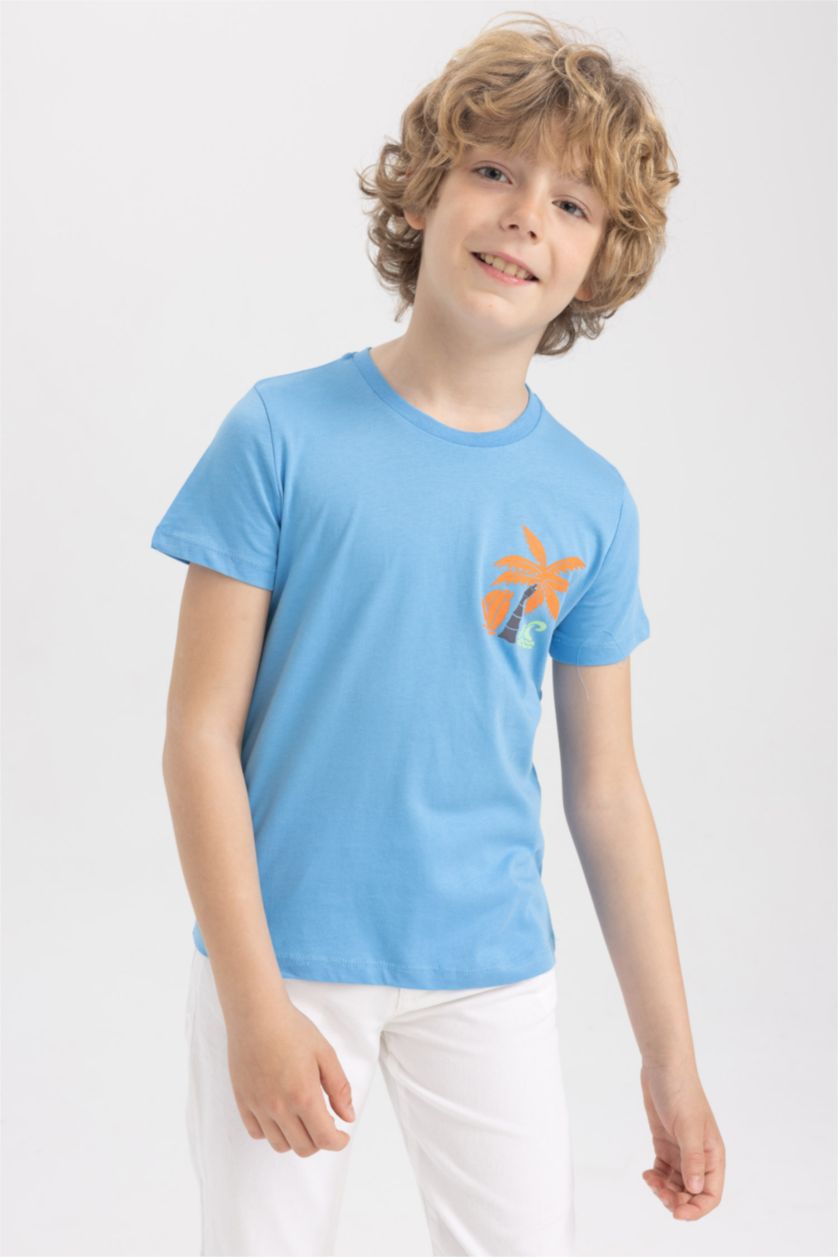 أولادي أزرق تي شيرت قطن اولادي بقصة عادية وياقة دائرية