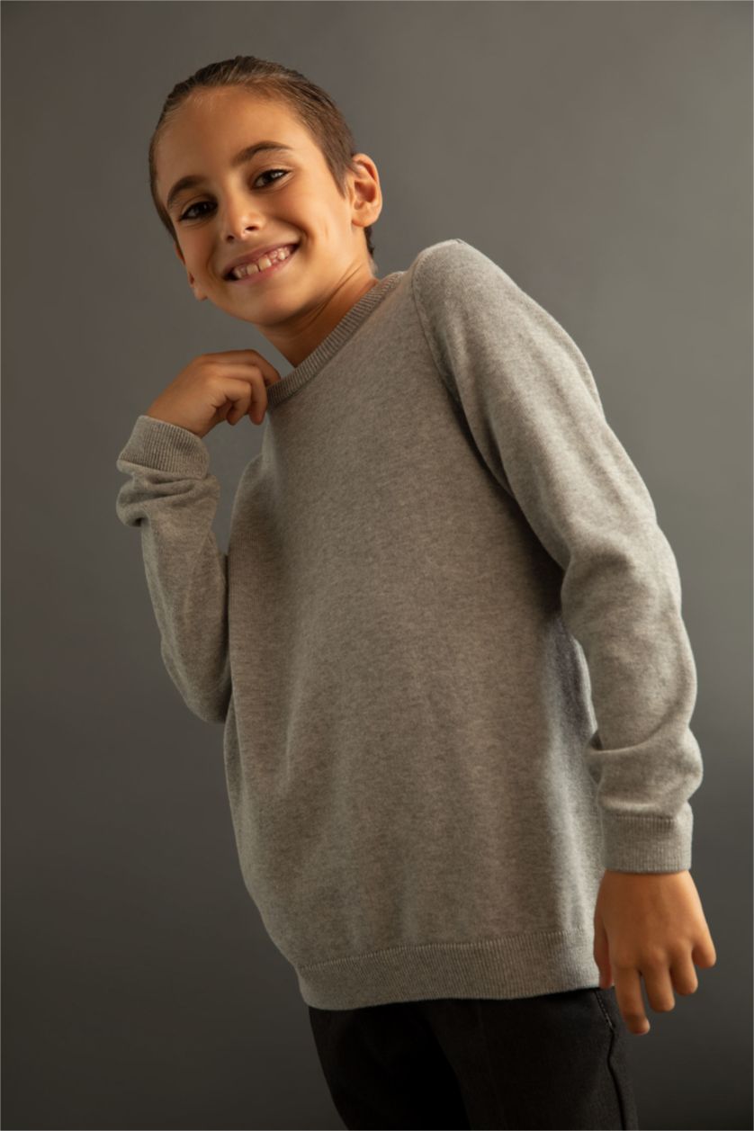 Мальчики и подростки Серый меланж Свитер приталенного кроя из хлопка для мальчиков, Школьная коллекция