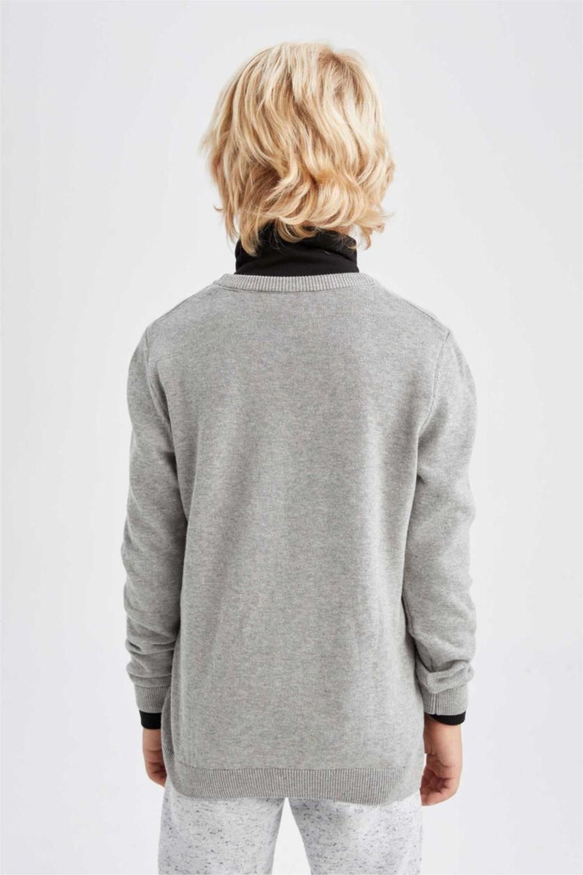 Мальчики и подростки Серый меланж Свитер приталенного кроя из хлопка для мальчиков, Школьная коллекция