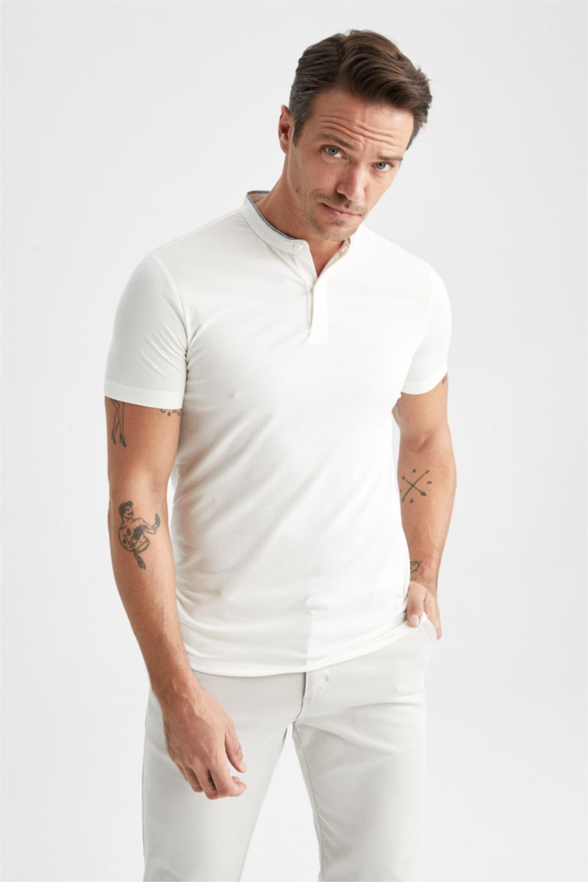 HOMME Blanc T-Shirt Polo Coupe Slim À Col Montant