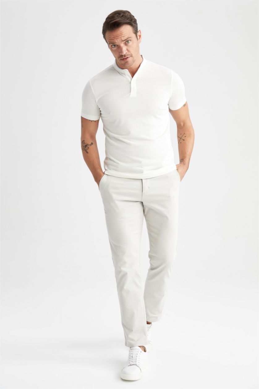 HOMME Blanc T-Shirt Polo Coupe Slim À Col Montant