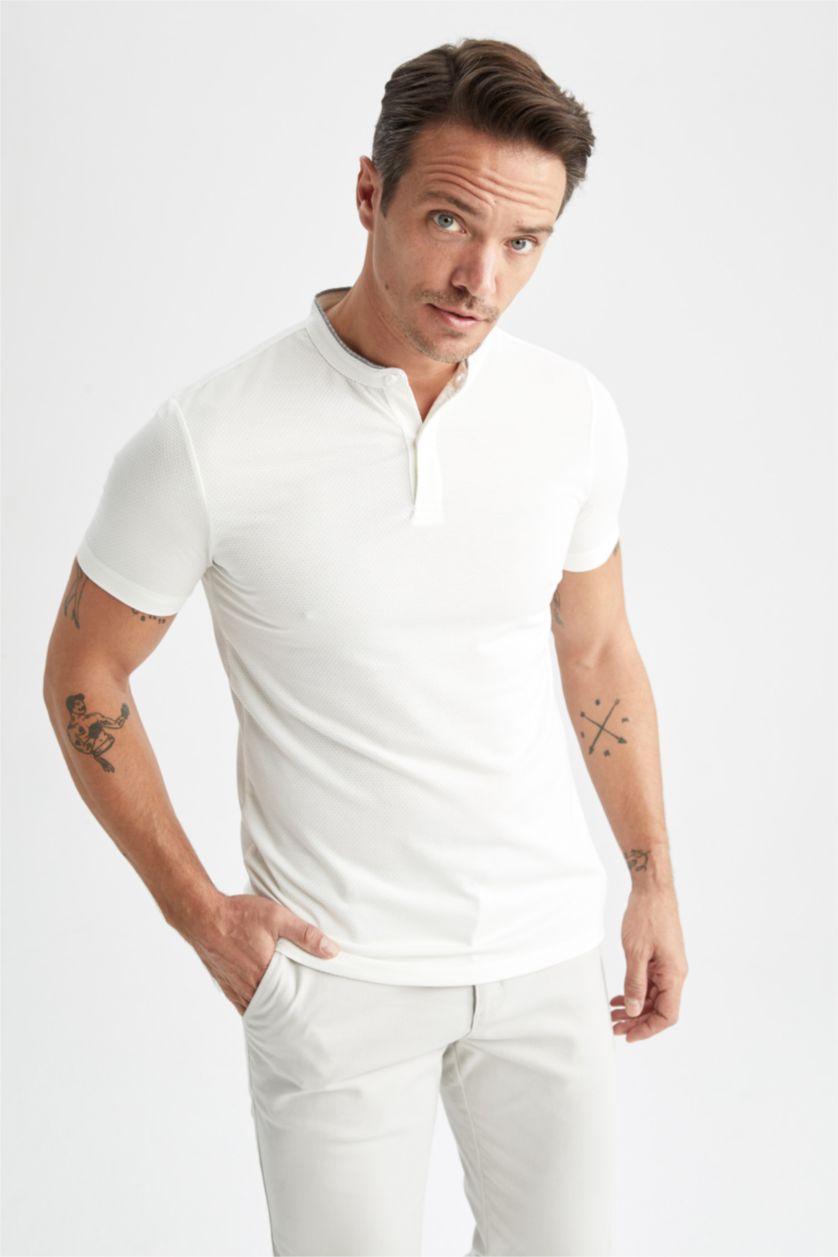 HOMME Blanc T-Shirt Polo Coupe Slim À Col Montant
