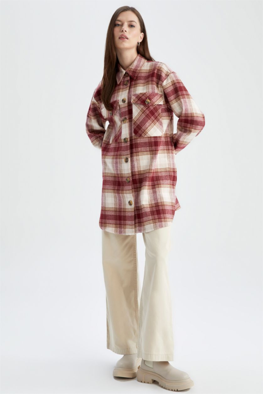 FEMME Bordeaux Tunique à manches longues en flanelle à carreaux coupe classique