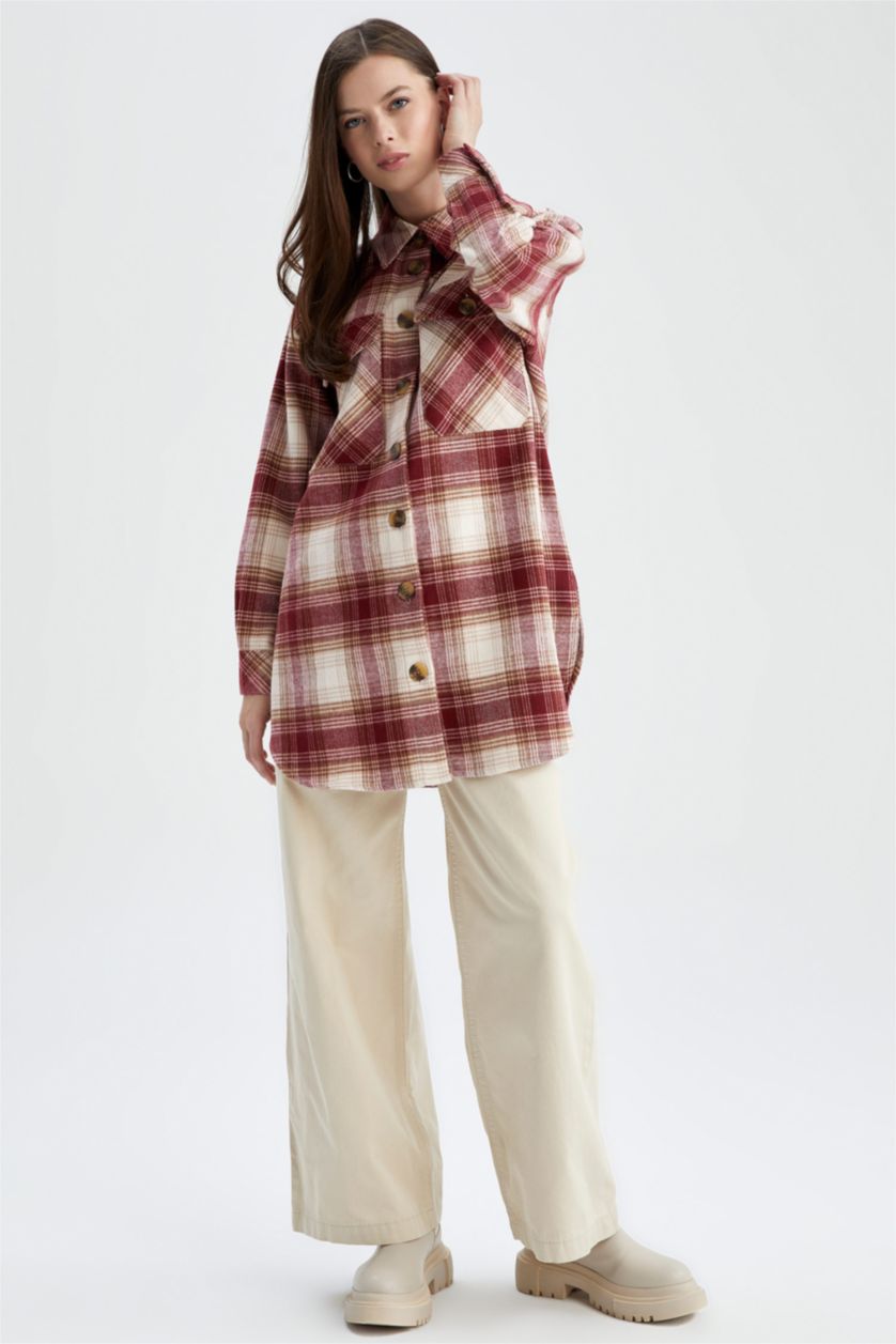 FEMME Bordeaux Tunique à manches longues en flanelle à carreaux coupe classique