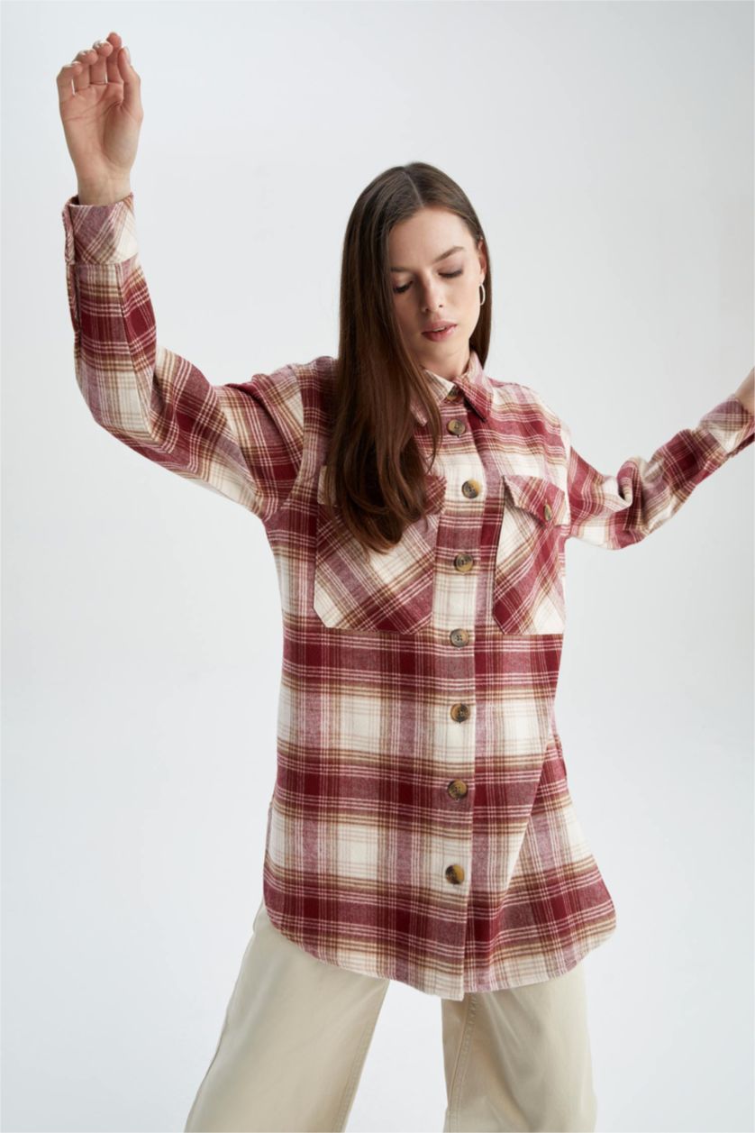 FEMME Bordeaux Tunique à manches longues en flanelle à carreaux coupe classique