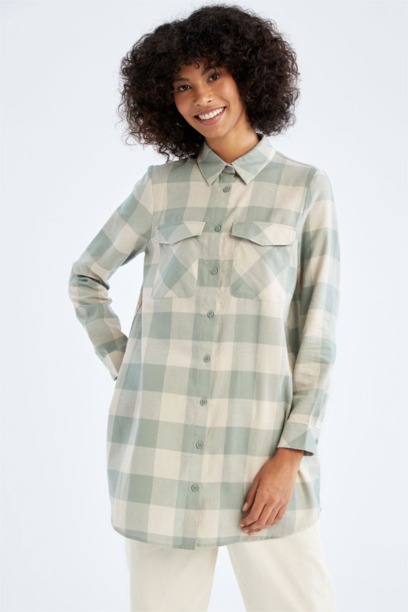 FEMME Turquoise Tunique à manches longues en flanelle à carreaux coupe classique