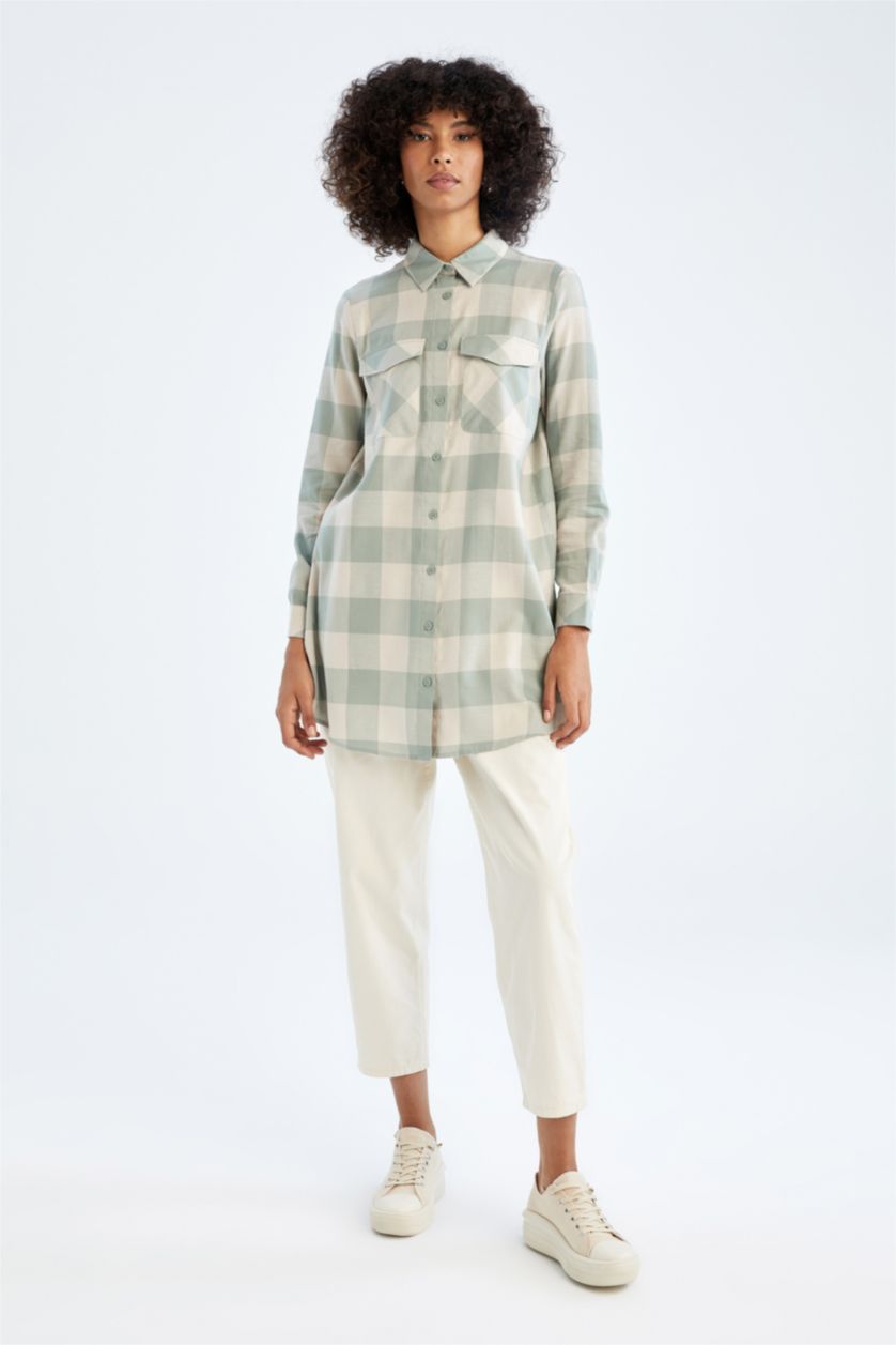 FEMME Turquoise Tunique à manches longues en flanelle à carreaux coupe classique