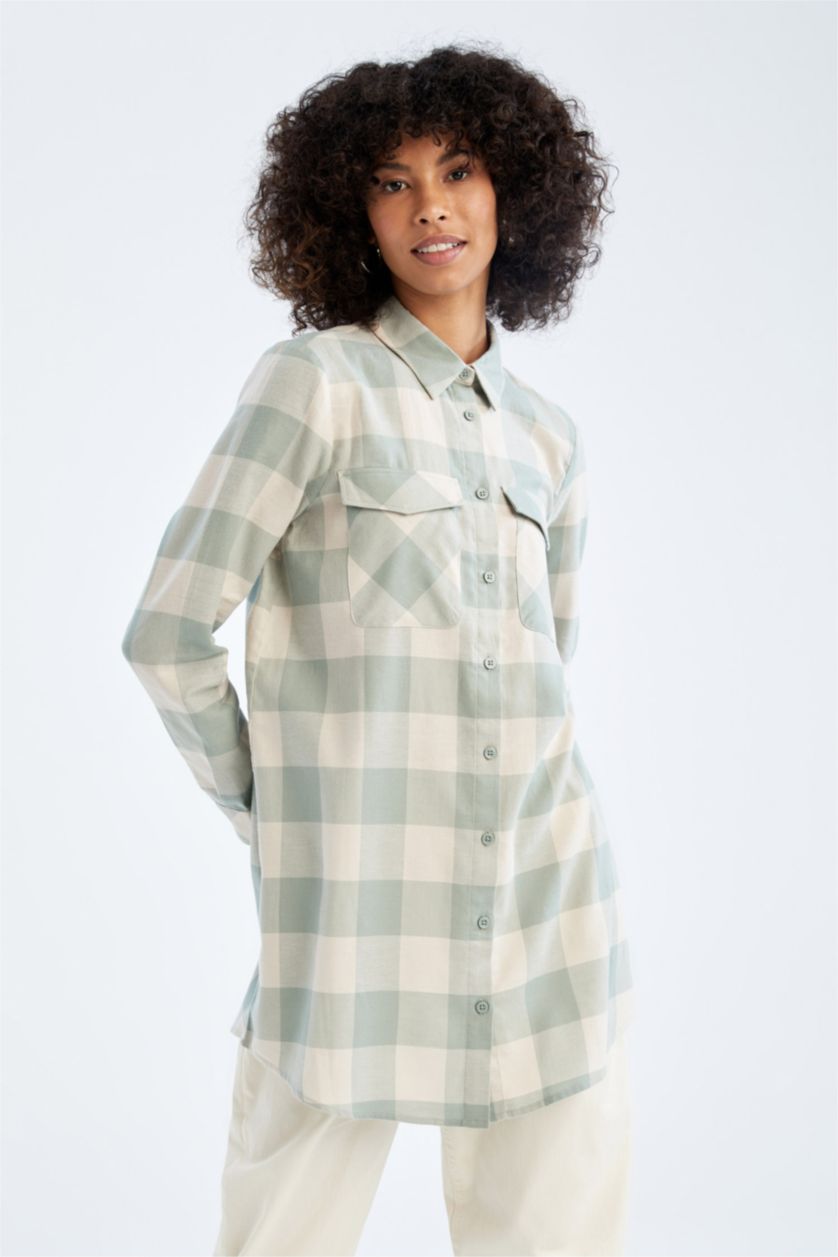 FEMME Turquoise Tunique à manches longues en flanelle à carreaux coupe classique