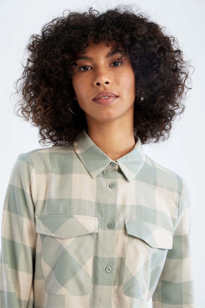 FEMME Turquoise Tunique à manches longues en flanelle à carreaux coupe classique