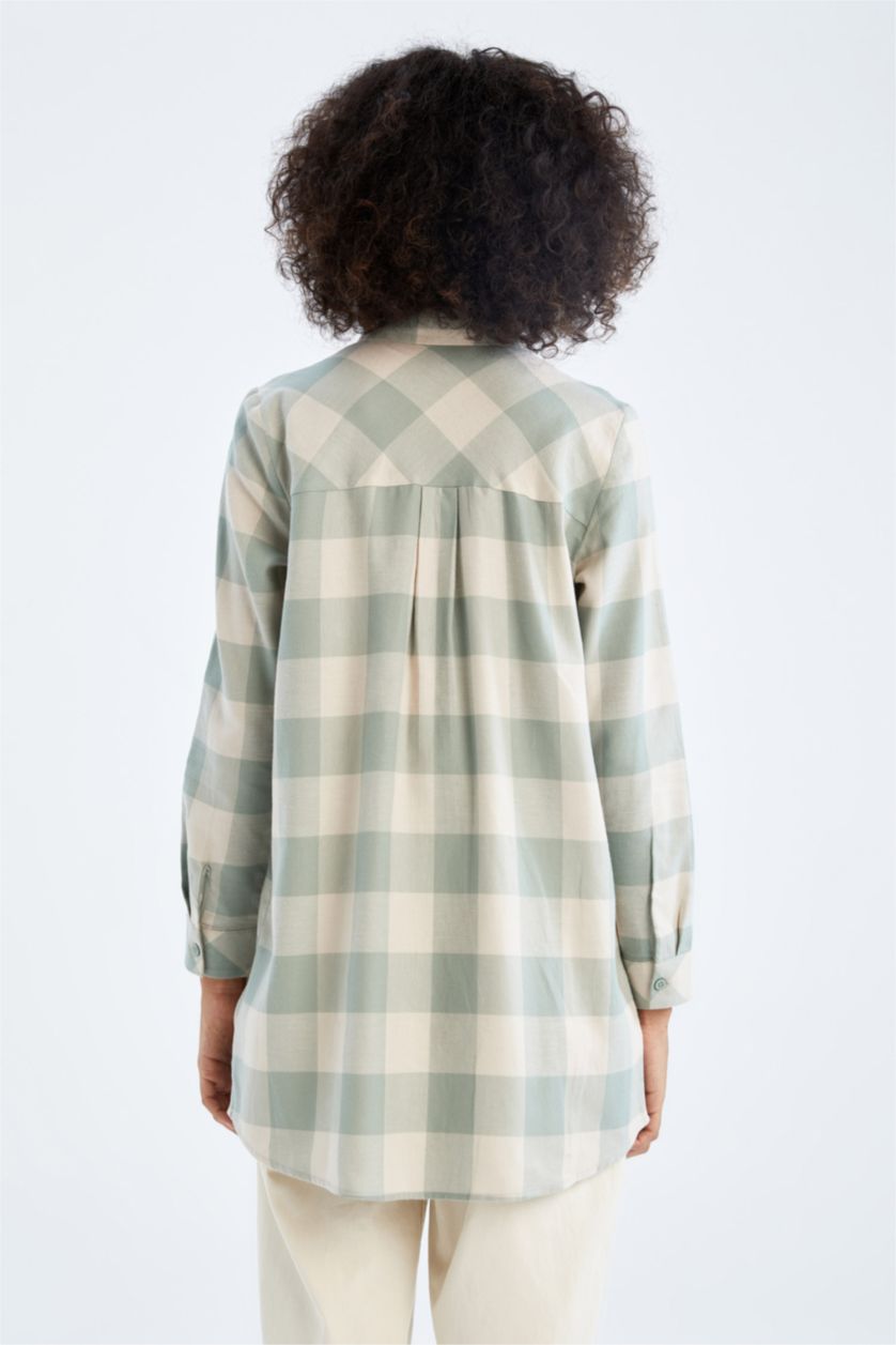 FEMME Turquoise Tunique à manches longues en flanelle à carreaux coupe classique