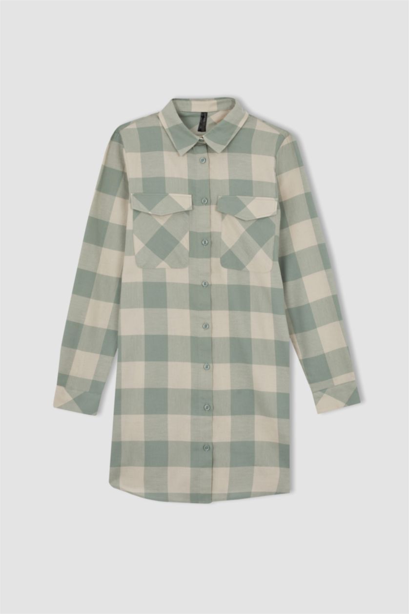 FEMME Turquoise Tunique à manches longues en flanelle à carreaux coupe classique