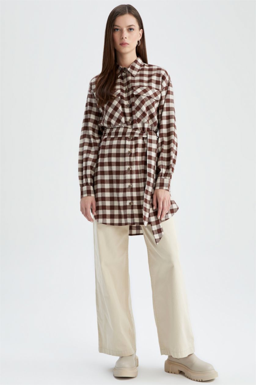 FEMME Kahve Tunique à manches longues en flanelle à carreaux coupe classique