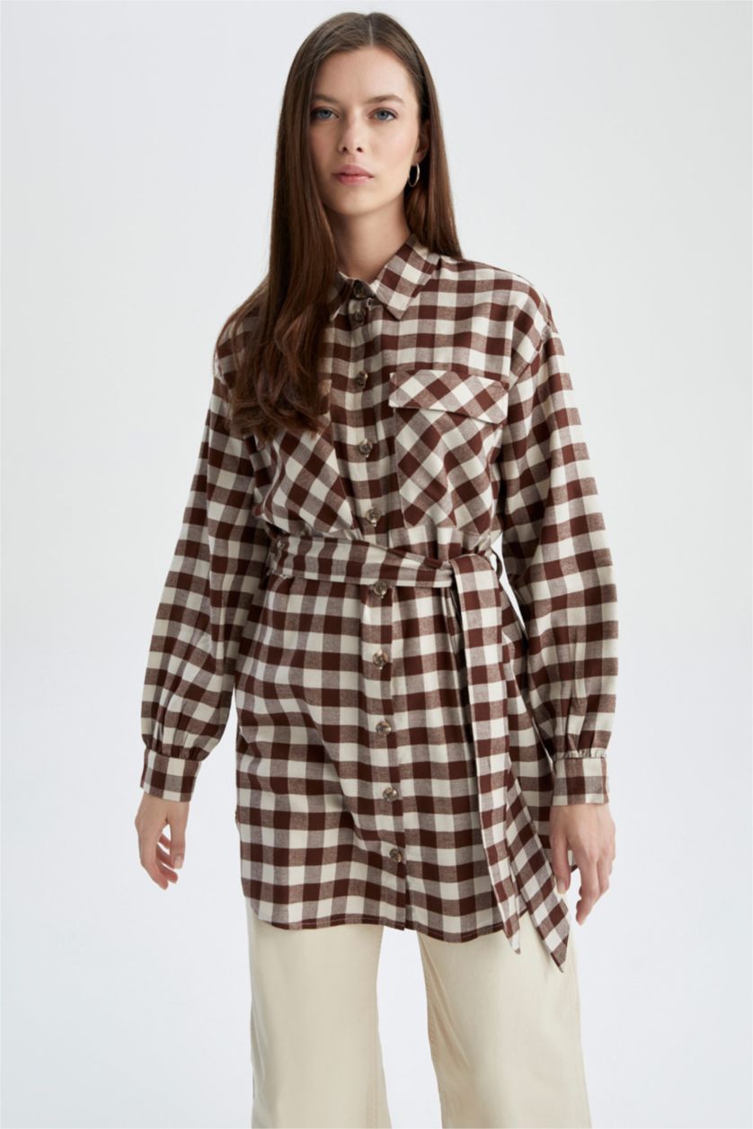 FEMME Kahve Tunique à manches longues en flanelle à carreaux coupe classique