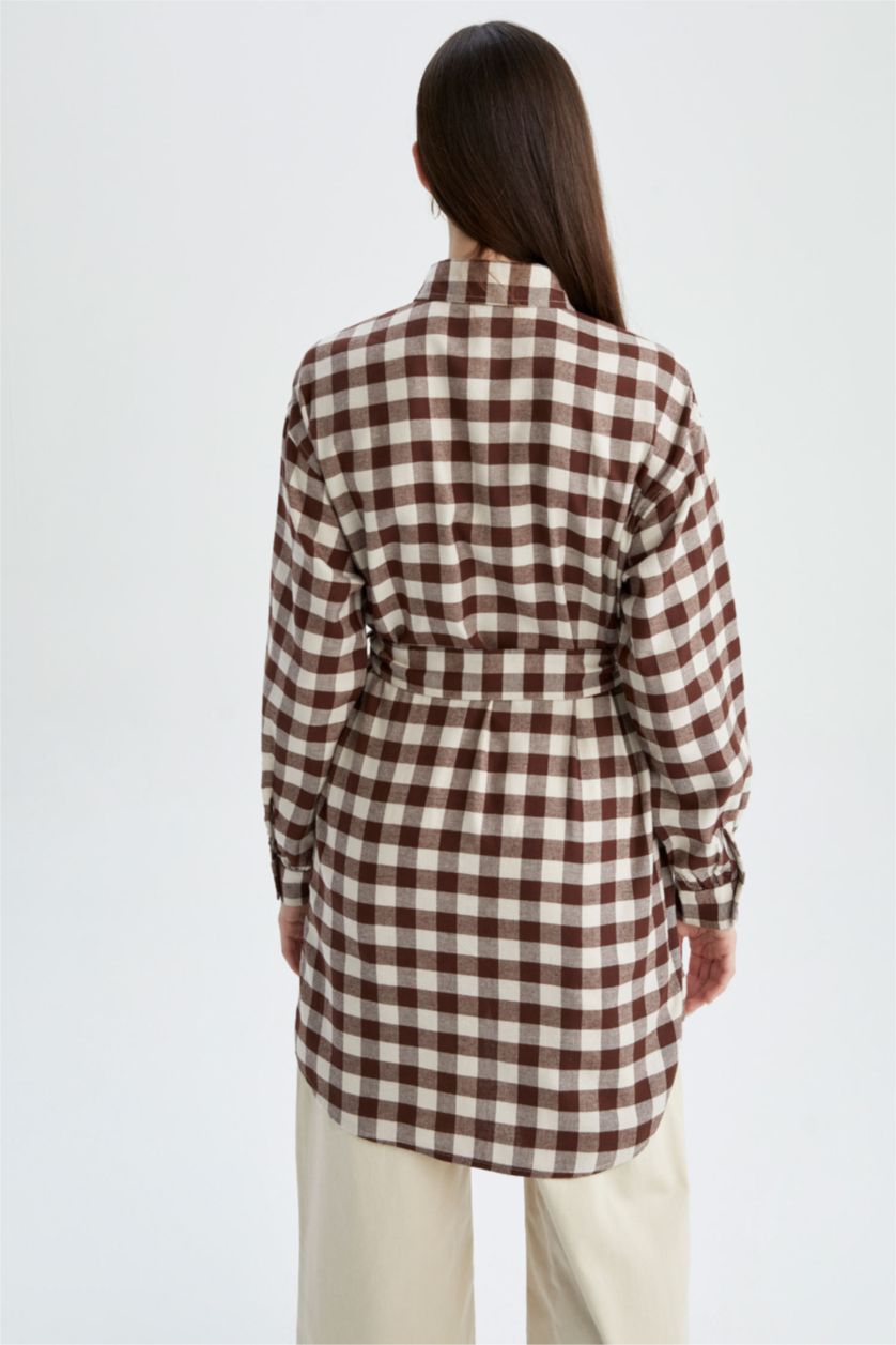 FEMME Kahve Tunique à manches longues en flanelle à carreaux coupe classique
