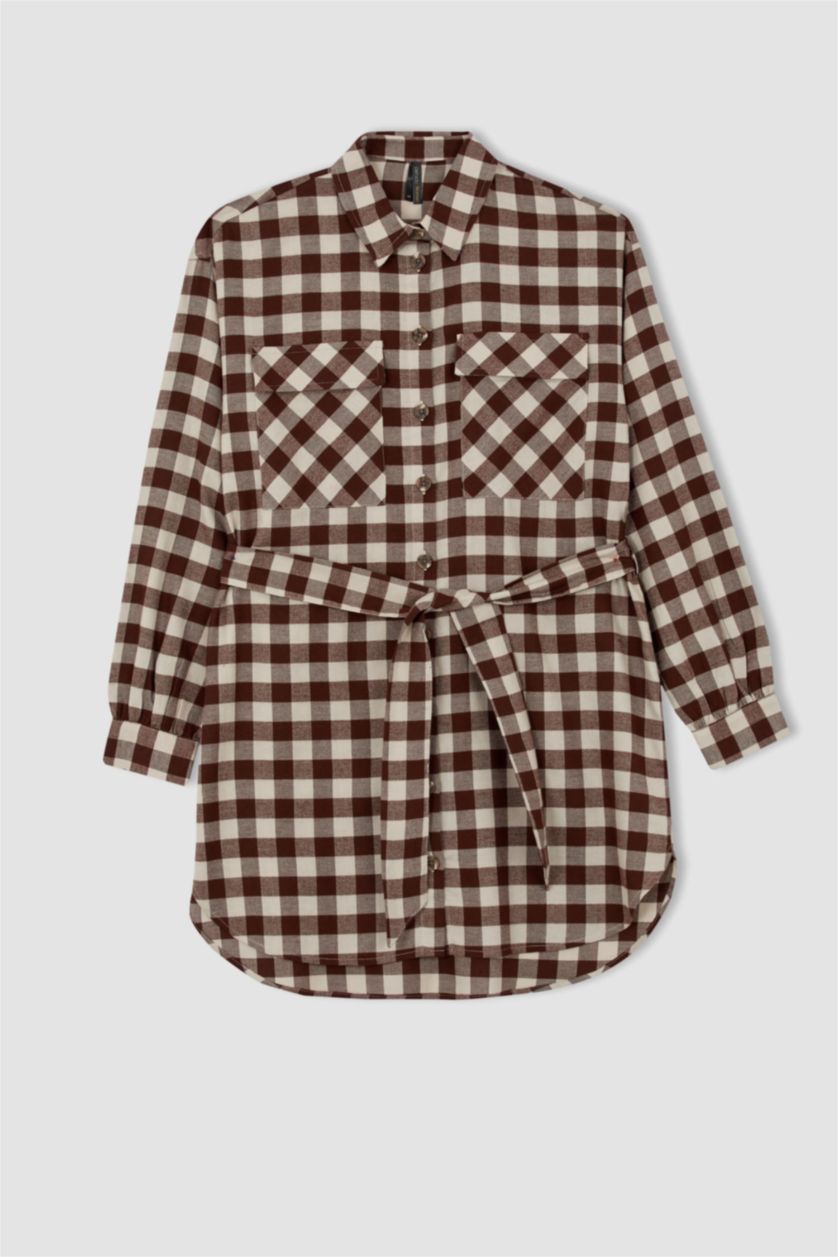 FEMME Kahve Tunique à manches longues en flanelle à carreaux coupe classique