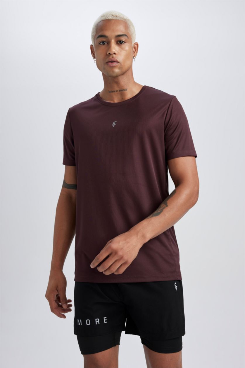 رجالي خمري تي شيرت رياضي سليم فيت مطبوع برقبة مستديرة