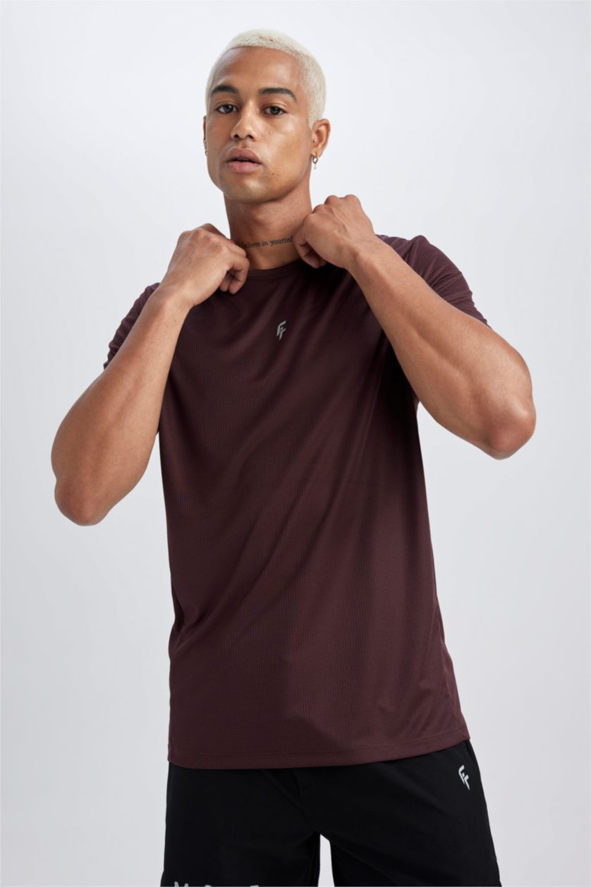 رجالي خمري تي شيرت رياضي سليم فيت مطبوع برقبة مستديرة