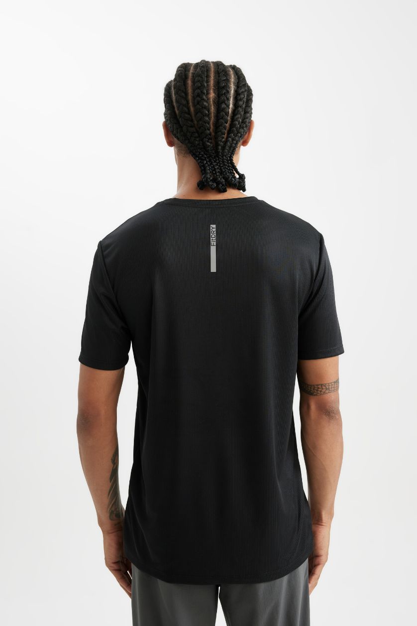 Erkek Siyah Slim Fit Dar Kesim Bisiklet Yaka Baskılı Sporcu Kısa Kollu Tişört