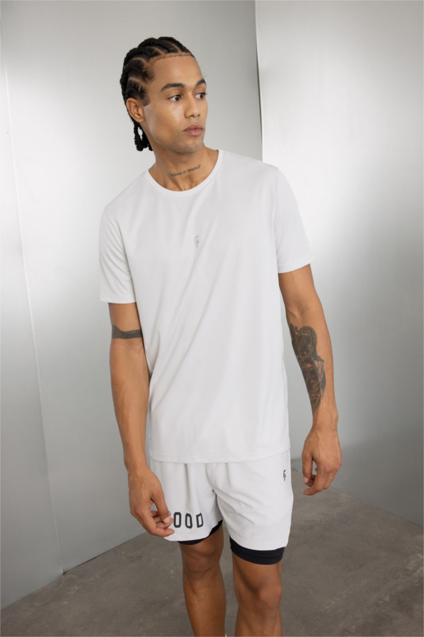 Erkek Taş Slim Fit Dar Kesim Bisiklet Yaka Baskılı Sporcu Kısa Kollu Tişört