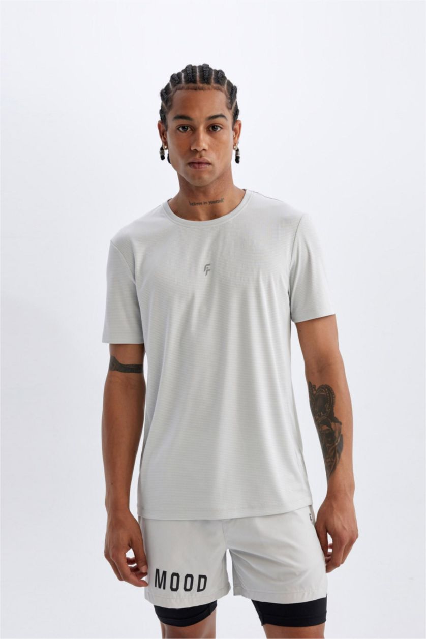 Erkek Taş Slim Fit Dar Kesim Bisiklet Yaka Baskılı Sporcu Kısa Kollu Tişört