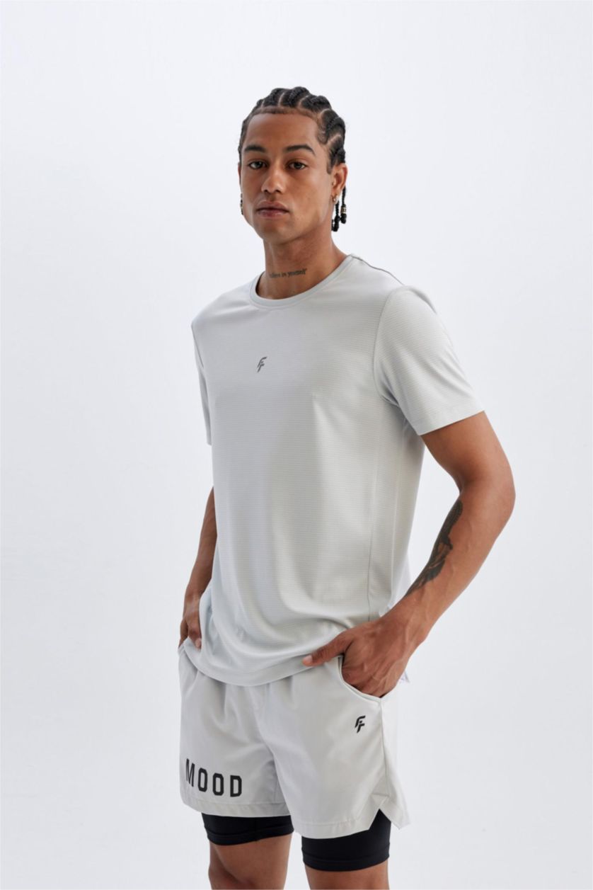 Erkek Taş Slim Fit Dar Kesim Bisiklet Yaka Baskılı Sporcu Kısa Kollu Tişört