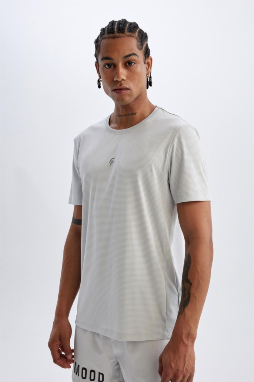 Erkek Taş Slim Fit Dar Kesim Bisiklet Yaka Baskılı Sporcu Kısa Kollu Tişört