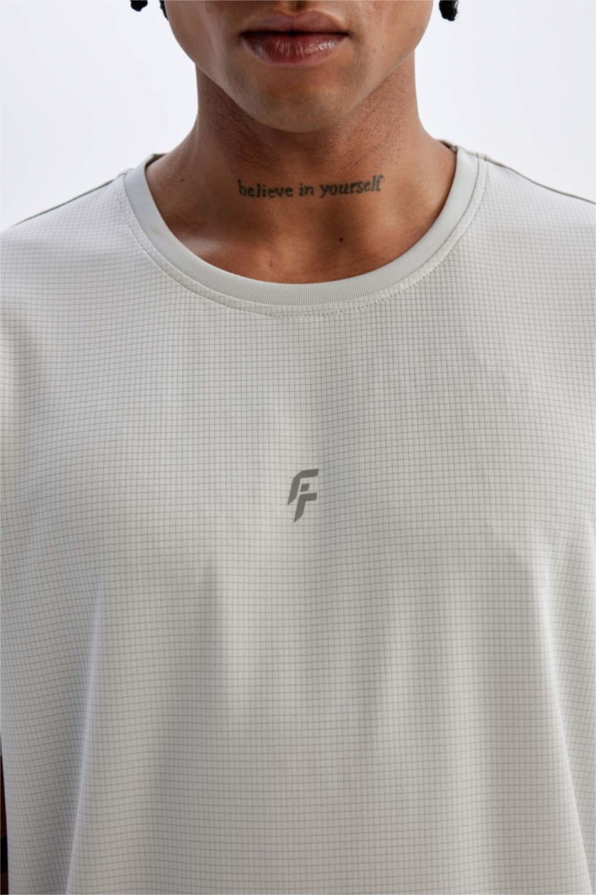 Erkek Taş Slim Fit Dar Kesim Bisiklet Yaka Baskılı Sporcu Kısa Kollu Tişört