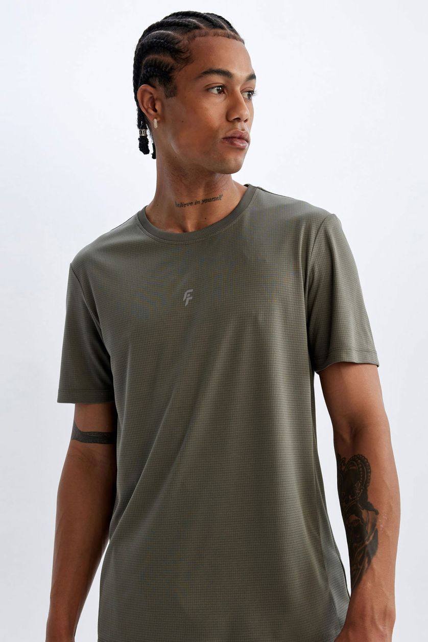 Erkek Haki Slim Fit Dar Kesim Bisiklet Yaka Baskılı Sporcu Kısa Kollu Tişört