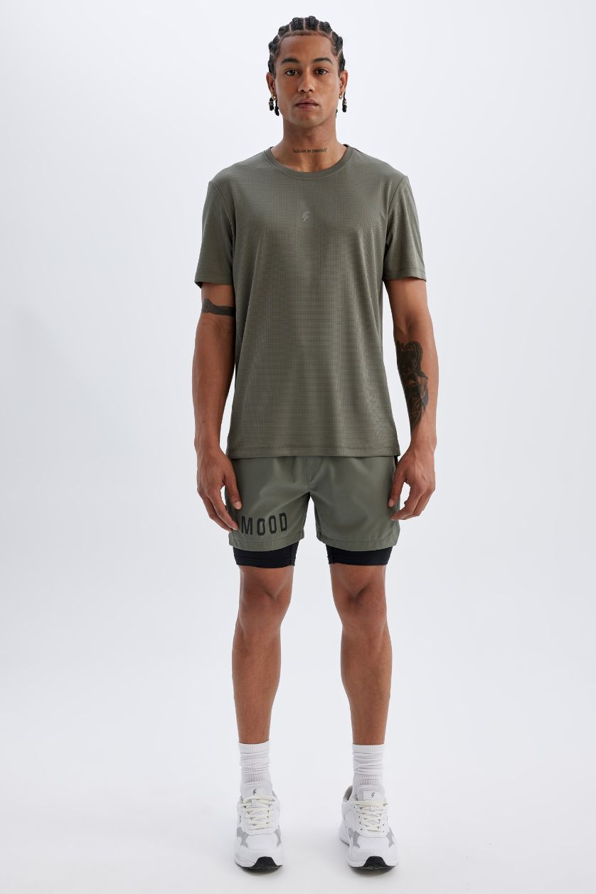 Erkek Haki Slim Fit Dar Kesim Bisiklet Yaka Baskılı Sporcu Kısa Kollu Tişört