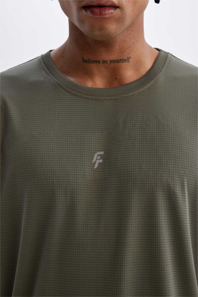 Erkek Haki Slim Fit Dar Kesim Bisiklet Yaka Baskılı Sporcu Kısa Kollu Tişört